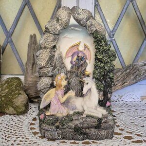 Vintage Bedside Table Lamp - Fairy Unicorn Dragon Castle & Stone Arch Figurine